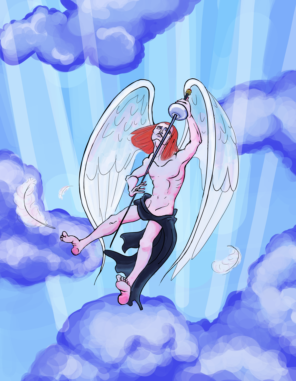 A winged man wearing a black sash and carrying an epee with a jeweled pommel, floating in a blue sky heaven
